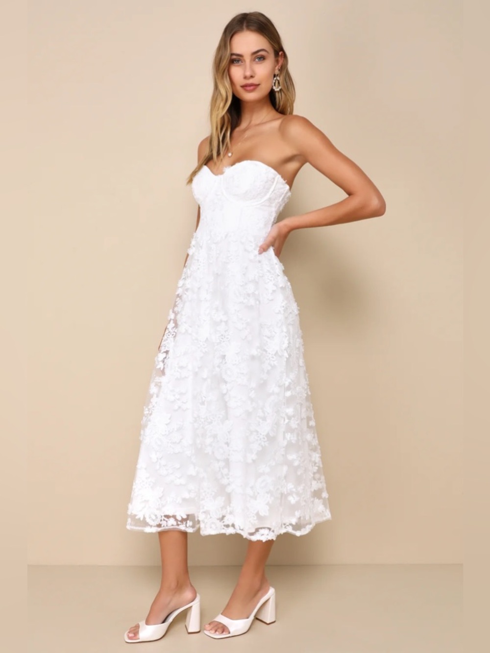 Lulus Quite Perfect White Floral Embroidered Strapless Midi Dress Size S NWT - Picture 4 of 10